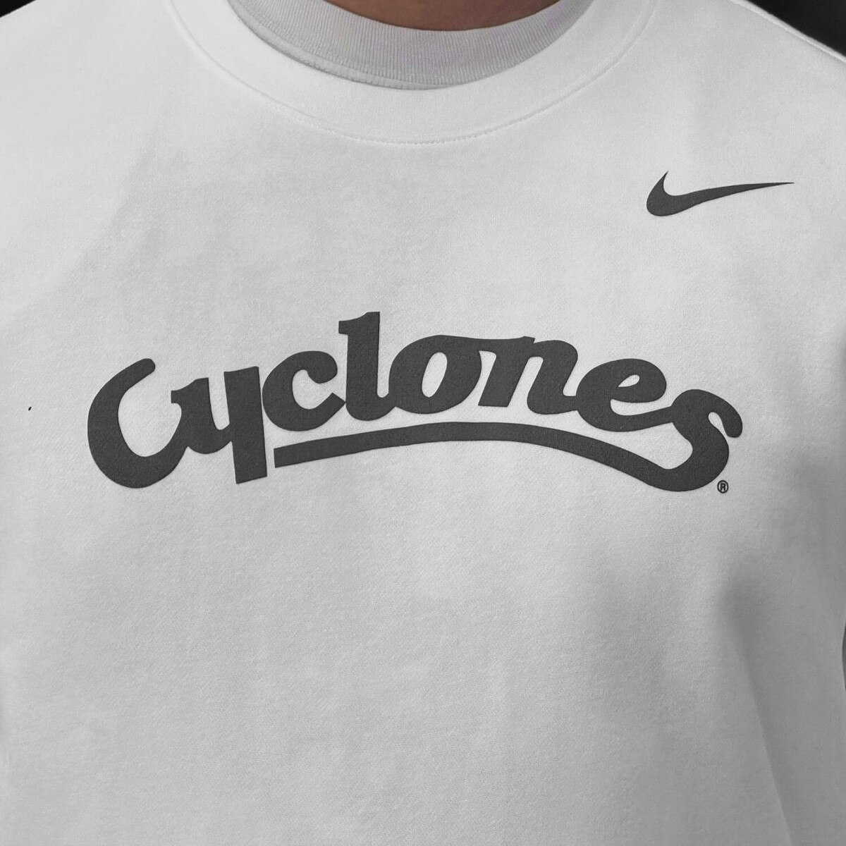 Nike Cyclones White Crewneck FA26 design close up